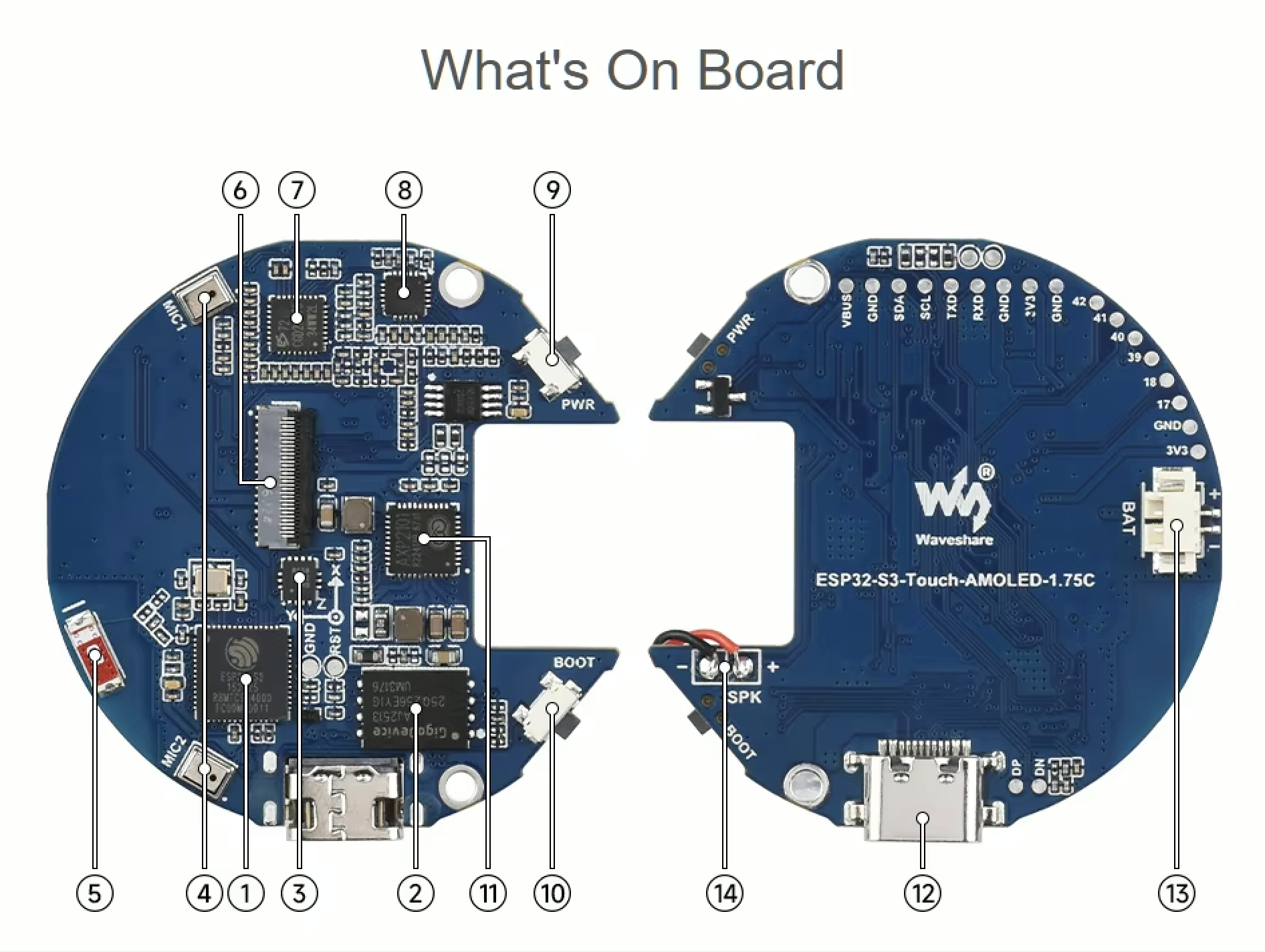 Fronte e retro della scheda Waveshare ESP32-S3-Touch-AMOLED-1.75C con i componenti numerati: processore, memoria, microfoni, tasti PWR e BOOT, USB-C, batteria e altoparlante