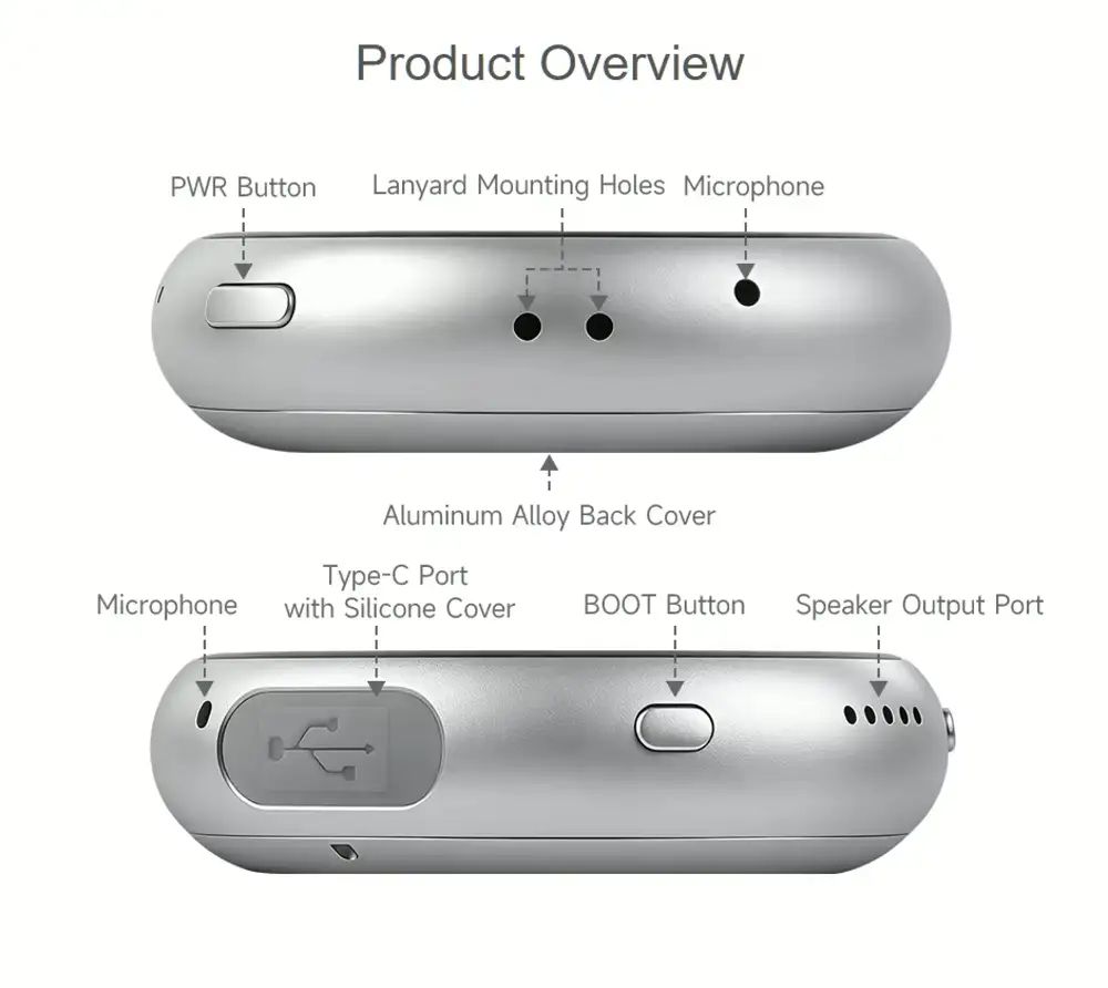 Vista laterale: tasto di accensione, fori per il cordino, microfoni, porta USB-C con copertura in silicone, tasto BOOT e uscita altoparlante